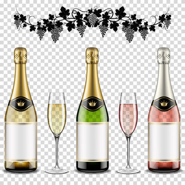 Champagne bottles set with blank label and wine glasses, isolated on transparent background.