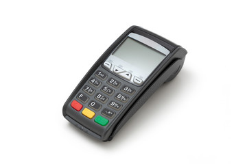 Credit card terminal on white background