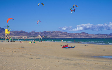 windy beach frequented by kite surf lovers in Fuerteventura, Canary Islands