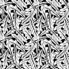 Vector dandelion leaves seamless pattern. Black and white foliage texture background. 