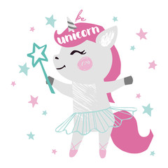 Obraz na płótnie Canvas Unicorn baby girl cute print. Sweet pony with magic wand, crown, ballet tutu, pointe shoes.