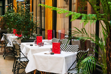 PARIS, FRANCE - APRIL 22, 2019: Restaurants in Paris city, France.