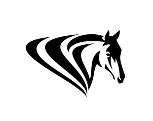 simple black and white vector design of horse head with stylized mane