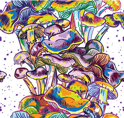 Seamless pattern with mushrooms. Multicolored drawing. Hallucinogenic mushrooms, drugs. Youth background.