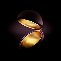 Beautiful festive gift wrap, inside golden on a black background. 3d illustration, 3d rendering.