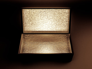 Beautiful festive gift wrap, inside golden on a black background. 3d illustration, 3d rendering.