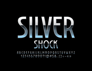 Vector sign Silver Shock with reflective Alphabet Letters, Numbers and Symbols. Metallic modern Font 