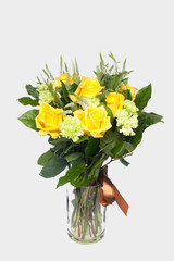 Bright bouquet with yellow roses close up