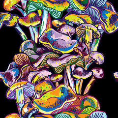 Seamless pattern with mushrooms. Multicolored drawing. Hallucinogenic mushrooms, drugs. Youth background.