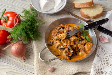 Seafood. Mussels with feta cheese