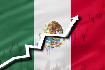 White arrow and stocks chart growth up on the background of the flag of Mexico
