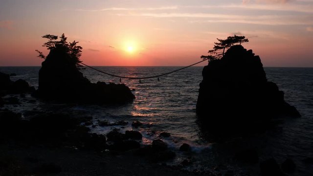Sunset over Scenic Rocks and a Sea: Hatagoiwa Rocks in Noto Peninsula, Ishikawa Pref., Japan 