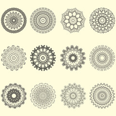 Indian vector and decorative set of mandala and geometrical ornament and illustrative pattern, perfect for coloring book, tattoo, and any kind of prints fabric design, also for yoga and meditation.