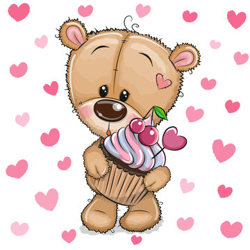 Cartoon Teddy Bear with Cupcake on a hearts background