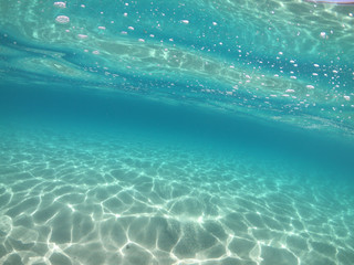 Underwater sea level photo of famous crystal clear turquoise sandy beach of Pori in Koufonisi island, Cyclades, Greece