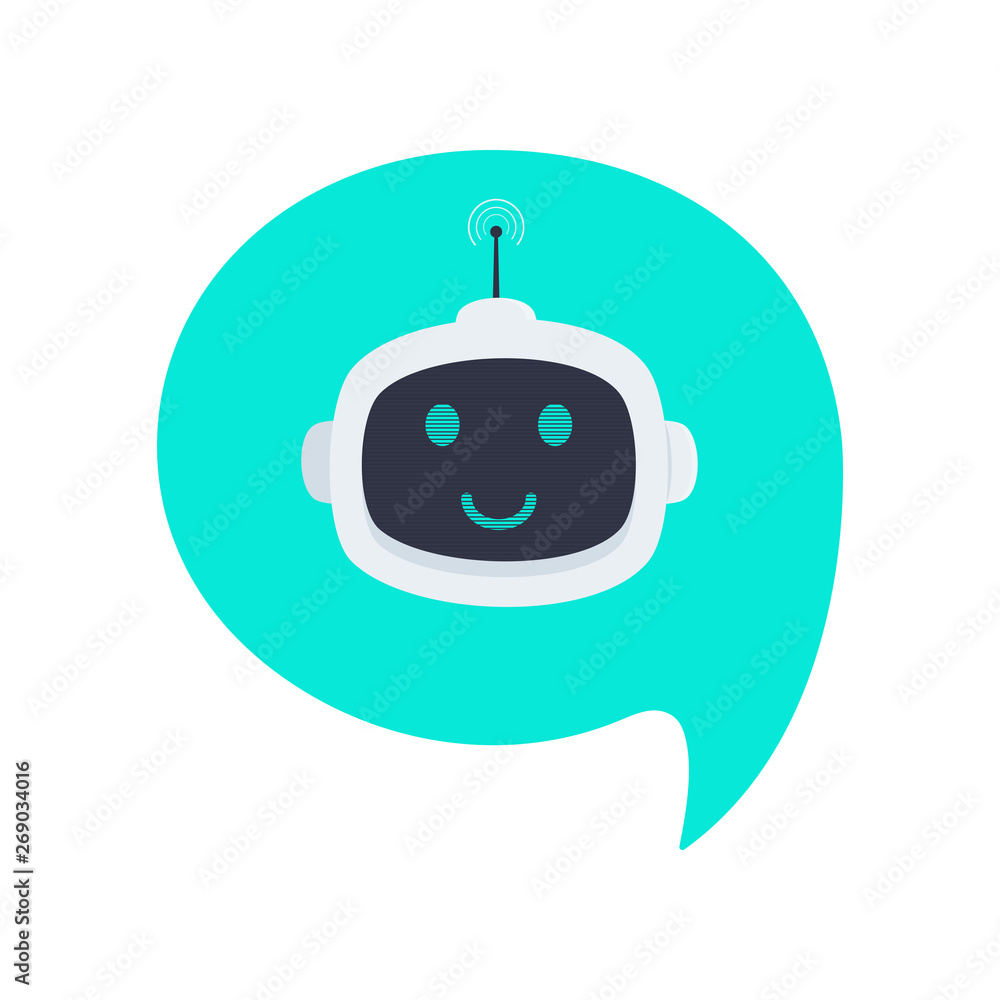 Poster robot chatbot head icon sign in the speech bubble flat style design vector illustration isolated on 