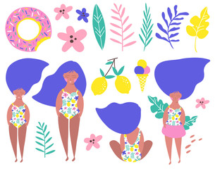 Set relaxing girl on the beach. Vector