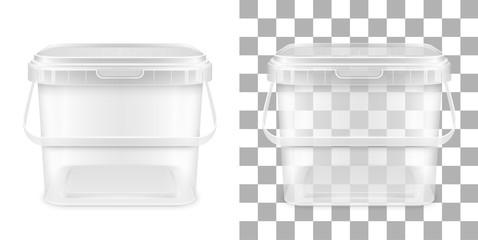 Vector transparent square empty plastic bucket with handle. Front view. - obrazy, fototapety, plakaty