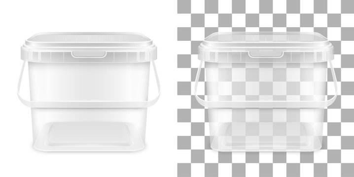 Vector Transparent Square Empty Plastic Bucket With Handle. Front View.