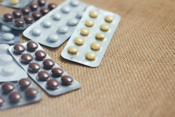 Set of plastic blisters. Different pills. First aid kit. Medical concept.