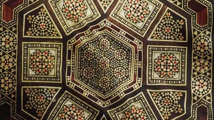 Fabric cloth with Traditional Islamic, Asian pattern is waving. Ottoman's design, vintage Oriental tablecloth. 