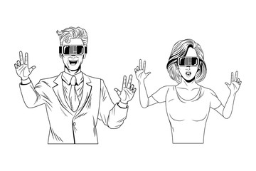 couple wearing virtual reality headset black and white