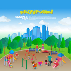 Isometric Park Playground Equipment set for Children Playing Stations vector illustration.