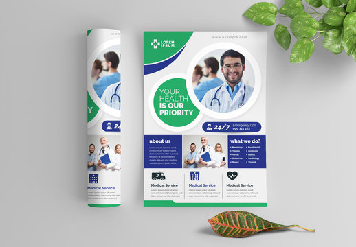 Green and Blue Medical Flyer Layout with Circular Elements