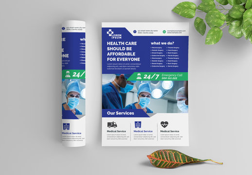 Blue and Green Health Care Flyer Layout with Graphic Icons