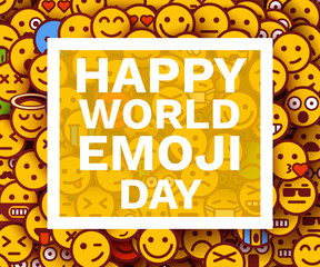 Happy world emoji day. Greeting card or banner. Emoji smiles crowd.