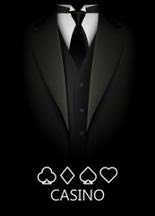 Tuxedo with suit of cards background. Casino concept. Elite poker club.