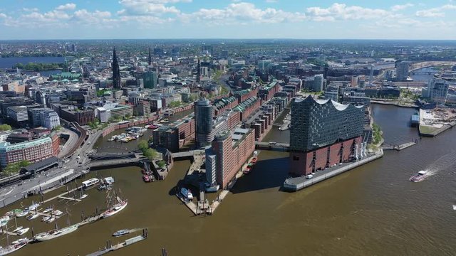 Aerial view of cityscape of Hamburg, famous harbour city in Germany, harborside quarter HafenCity, ships and boats on water - landscape panorama of Europe from above