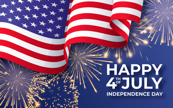 USA Independence day. Banner with waving American national flag and fireworks. 4th of July poster template