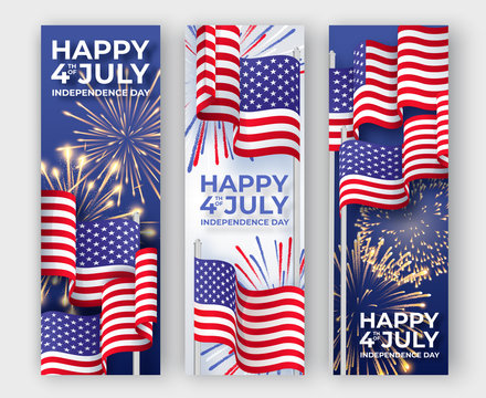 USA Independence day. Three vertical banners with waving American national flags and fireworks. 4th of July poster templates