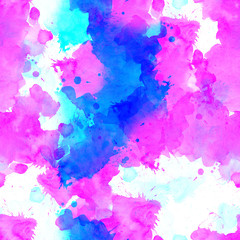 Seamless pattern of pink, blue and purple watercolor blots for background.