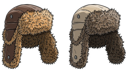Cartoon colorful winter fur hat or cap with ear flaps. Isolated on white background. Vector icon set.