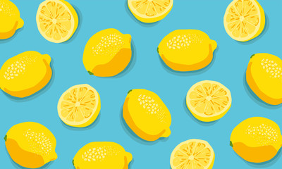 Tropischer Hintergrund mit gelben ZitronenTropical nahtloses Muster mit gelben Zitronen. Frucht wiederholter Hintergrund. Vektor heller Druck für Stoff oder Tapete