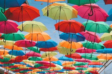 Colored umbrellas hanging in festival days in Ho Chi Minh city, Vietnam