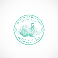 Rabbit Farm Framed Retro Badge or Logo Template. Hand Drawn Hare or Bunny and Farm Landscape Sketch with Retro Typography. Vintage Sketch Emblem.