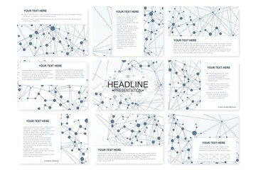 Big set of vector templates for presentation slides. Modern graphic background structure molecule and communication. Scientific pattern atom DNA. Medical, science, chemistry design.