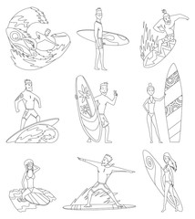 Surfboarders coloring book riding on waves set, surfer men with surfboards in different poses vector Illustrations.