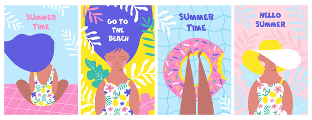 Poster set with relaxing girl on the beach. Vector