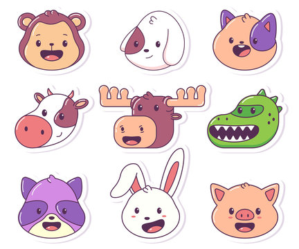 Animal head vector cartoon sticker set isolated on a white background.