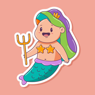 Cute mermaid with trident vector cartoon character isolated on a white background.