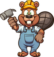 Happy construction beaver holding a hammer clip art. Vector illustration with simple gradients. All in a single layer.  - obrazy, fototapety, plakaty