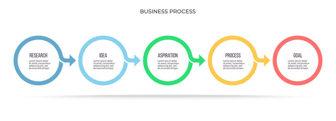 Business infographics. Timeline with 5 steps, options, circles. Vector template.