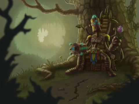 Robot chief with flower on throne in forest