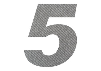 Number 5,five with gray fabric texture on white background