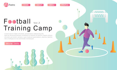 The football practice method of dribbling a ball between cone hurdles. garden, tree and goal. flat vector cartoon illustration, for website, landing page, ui, ux, banner, apps, print, template, layout