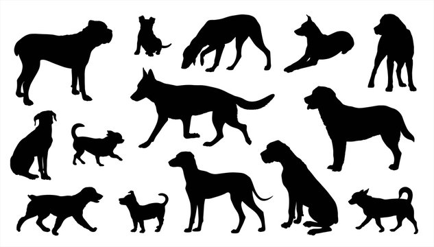 Dogs silhouettes vector set isolated on white background, dogs in different poses